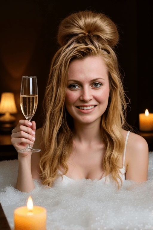 Bella Luxe OnlyFans leaked photo — That She is in a bubble bath with candles, hair pinned up, champagne glass in hand, bubbles barely covering look hits different